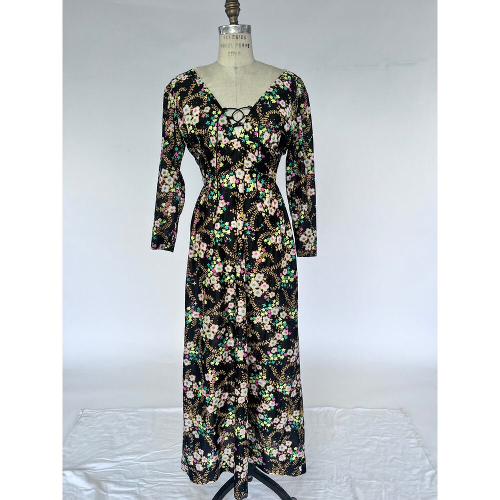 VTG 70s Floral Maxi Plunging Dress Black Empire Waist Retro